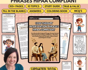 1200 x Therapy Intervention Phrases HIPAA Compliant, 105+ Pages, 10+ Topics, Fully Hyperlinked, Quiz & Coloring Book (Digital Download) PDF