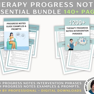 以下が含まれることがあります： セラピーの進捗ノートのデジタルダウンロードバンドルで、1200以上の介入フレーズ、例、プロンプトが含まれています。このバンドルはセラピスト向けに設計されており、140ページ以上のコンテンツが含まれています。画像はバンドルから2ページを表示しており、1つは漫画のセラピスト、もう1つは漫画のクライアントです。