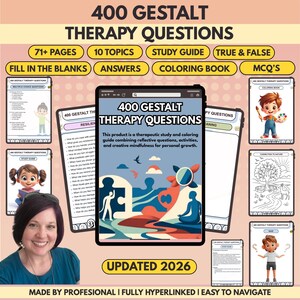 Puede incluir: Un producto digital titulado "400 Gestalt Therapy Questions" con una tableta que muestra el título y la descripción. La imagen incluye iconos para la guía de estudio, el libro para colorear y las preguntas de opción múltiple. El producto está actualizado para 2026.