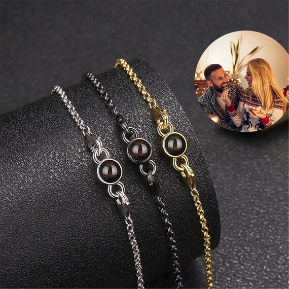 Personalized Photo Bracelet - Custom Circular Pendant With Your Picture, Adjustable Chain (I Love You Projection)