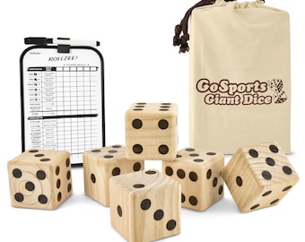 GoSports Giant 3.5" Wooden Playing Dice Set with Bonus Rollzee Scoreboard (Includes 6 Dice, Dry-Erase Scoreboard and Canvas Carrying Bag)