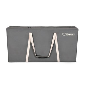 May include: Gray canvas bag with white straps and a black handle. The bag has a zipper closure and the text "Outdoor Cornhole" printed on the front.