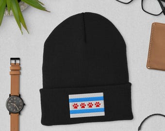 Chicago Paw Print Flag Cuffed Beanie for Dog Owners