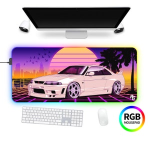 JDM Skyline GTR Nissan R33 RGB Gamingmusmatta, Japansk bilskrivbordsunderlägg, Cyber Punk Gamingskrivbordsmatta