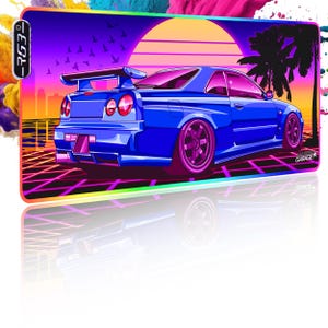May include: A blue and purple retro-style illustration of a sports car with a sunset and palm trees in the background. The car has a large rear wing and is sitting on a grid pattern. The text "ILLUMINATI GARAGE" is in the bottom right corner.