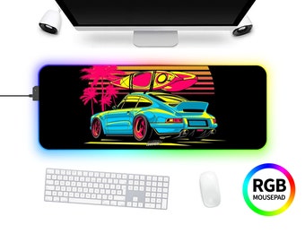 Retro Cyberpunk Synthwave Porsche 911 RGB Gaming Mouse Pad, minimalist European Car Mouse Pad Desk Mat