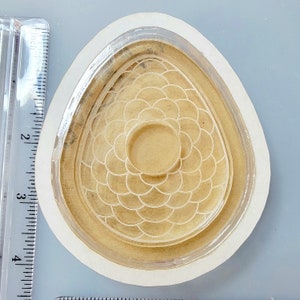 May include: A clear, teardrop-shaped mold with a floral pattern. The mold is made of clear plastic and has a white border. A ruler is visible in the image, with measurements in inches.