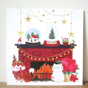 Carte Noël cosy, Carte de Noêl cheminée, chiens et chat, Carte de voeux, Papeterie Noël, Cadeau Noël, Illustration Noël, Décoration Noël