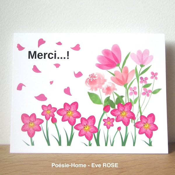 Carte de remerciement Merci, Jardin et Fleurs, fait main, en papier premium, double avec son enveloppe blanche