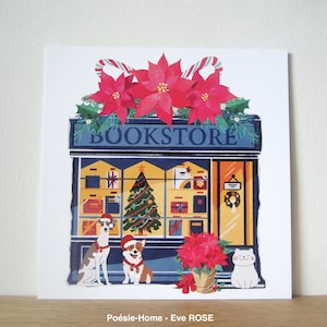 Carte Noël Bookstore, Carte de Noêl livres chiens et chat, Carte de voeux librairie, Papeterie Noël, Cadeau Noël, Illustration Noël