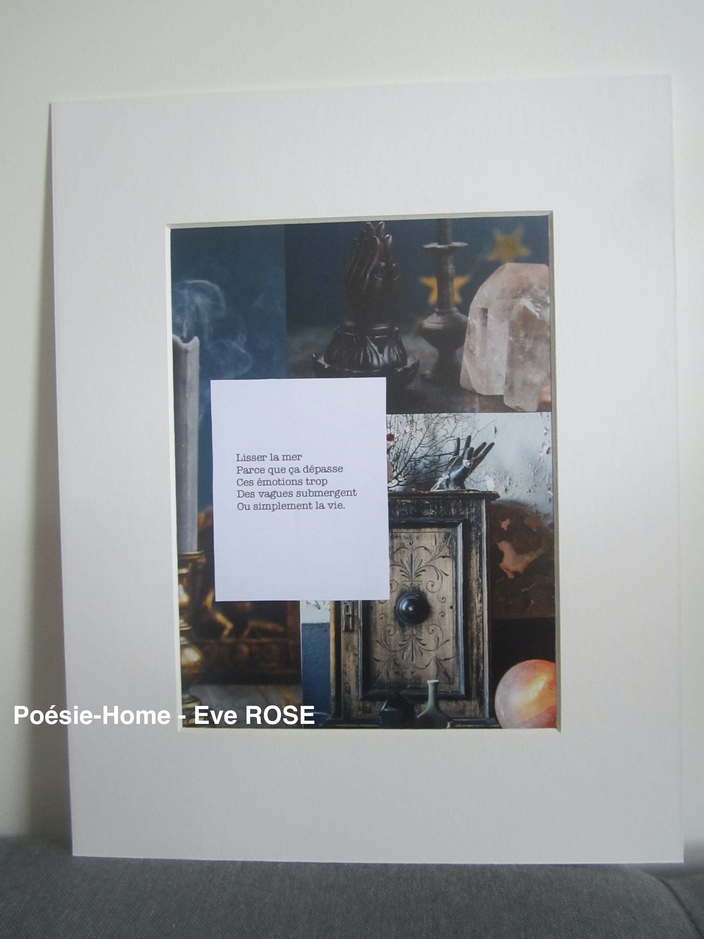 Tableau Collage et Poésie - Pièce Unique Décoration Inspirante. Magie Bleue Poème Emotions