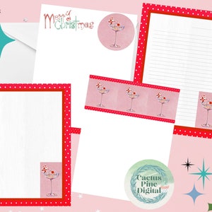 Retro MCM roze Kerstman Martini glazen envelop afdrukbare briefpapier Set brief papier briefhoofden 4 ontwerpen 8,5 "x 11" Instant Download
