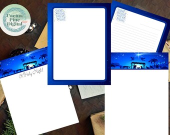Puede incluir: Papelería imprimible con un cielo nocturno azul con estrellas y una escena de la natividad. El texto "Oh Holy Night" está en la parte inferior de la página. La parte superior de la página tiene el texto "Silent Night Holy Night".
