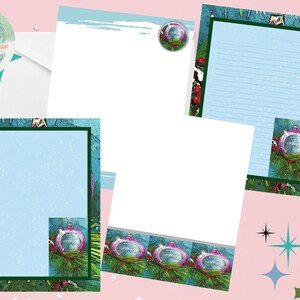 Retro MCM Rosa Turchese Lampadina di Natale Ornamento Busta Stampabile Set di cancelleria Carta da lettera Carta intestata 4 Disegni 8,5 "x 11" Istantaneo