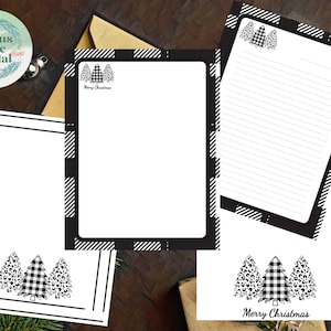 Vrolijke kerstbomen geruite luipaard zwart witte kerst afdrukbare briefpapier set papier briefhoofden 4 ontwerpen 8,5 "x 11" Instant Download