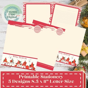 Gnomes Printable Christmas Stationery Set Letter Paper Letterheads 5 Designs 8.5" x 11" Instant Download