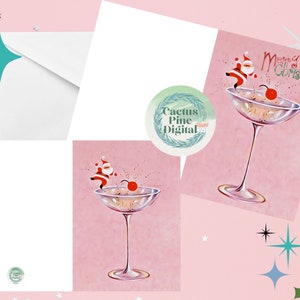 Retro MCM Pink Santa Claus Martini Glass Tarjeta imprimible y sobre Digital Descarga instantánea 5"x7" Mid Century Print 2 Diseños