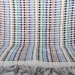 May include: A white bath towel with a colorful geometric pattern of small circles in shades of blue, green, brown, and orange. The towel has a fringe border.