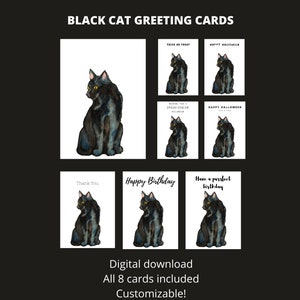 Cartes de voeux chat noir - Cartes de voeux peintes à la main à l'aquarelle pour anniversaire, Halloween, merci ou vierges