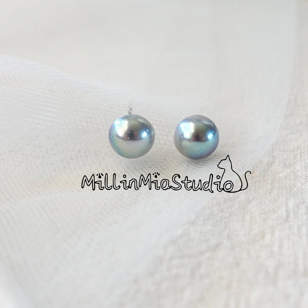 Saltwater Akoya silver-blue Pearl Earrings/ 7.5mm Akoya Mabe Pearl Earrings with Sterling Silver Posts/Minimalist Baroque Pearl Earrings