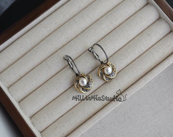Gold Black Hoop Earrings/2 in 1 Pearl Hoop Earrings/Italian Craft Coating Pearl Earrings