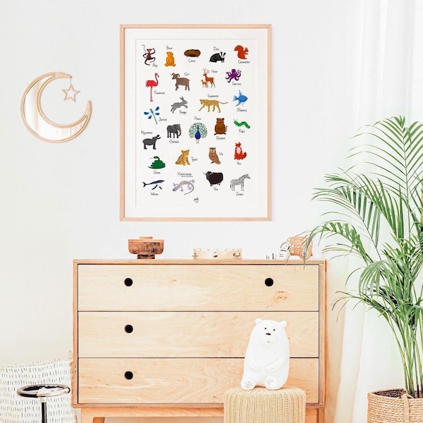 Dierenposter ABC alfabet, kraamcadeau, kinderkamer poster, baby gift, Children's room poster, baby room wall decoration, animal poster