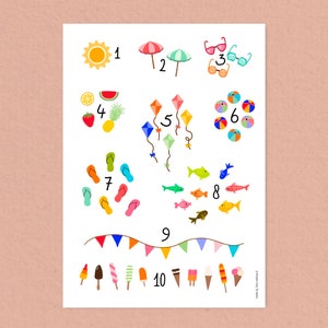 Cartel de verano, regalo de maternidad, regalo para niños pequeños, cartel de la habitación del bebé, flashcard, aprender a contar, decoración de la pared de la habitación del bebé, decoración de la habitación del bebé, cartel A4
