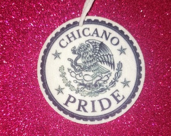 Chicano pride round airfreshner,Chicano car airfreshners, cholo car accessories, black ice scent freshners, chicanismo