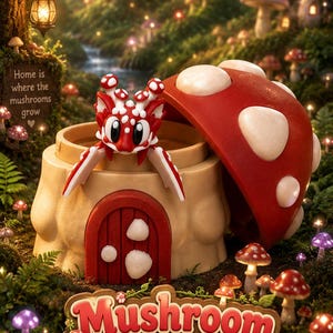 May include: A whimsical illustration features a red and white mushroom-shaped house with a red door. A red and white dragon figure emerges from the house. The image includes the text "Mushroom Dragon" and "Tiny guardian of the forest."