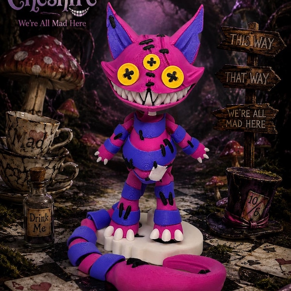 Cheshire Cat Creepy Doll | Wonderland Inspired 3D Printed Figure | Creepy Cute Grinning Cat | Dark Fairytale Shelf Decor | Spooky Cat Gift