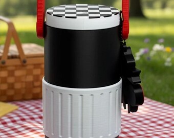 Cherry Bomb Mini Cooler Can Coozie for 12oz Skinny Cans, Retro Black White Checkered Drink Holder with Cherry Charm Tab Opener