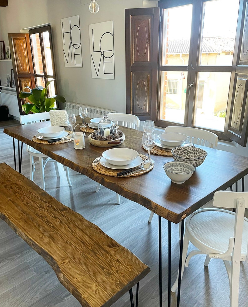 Table en bois, table à manger Tanaru Blenom, rectangulaire en bois naturel durable et pieds en épingle à cheveux en fer naturel, couleur noire. image 7