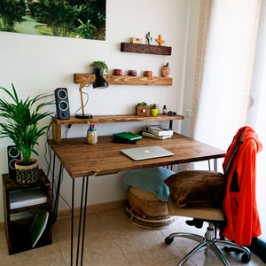 Blenom Rustic wooden desk made of natural wood with Mitu shelf, industrial style and natural iron hairpin legs. Study table.