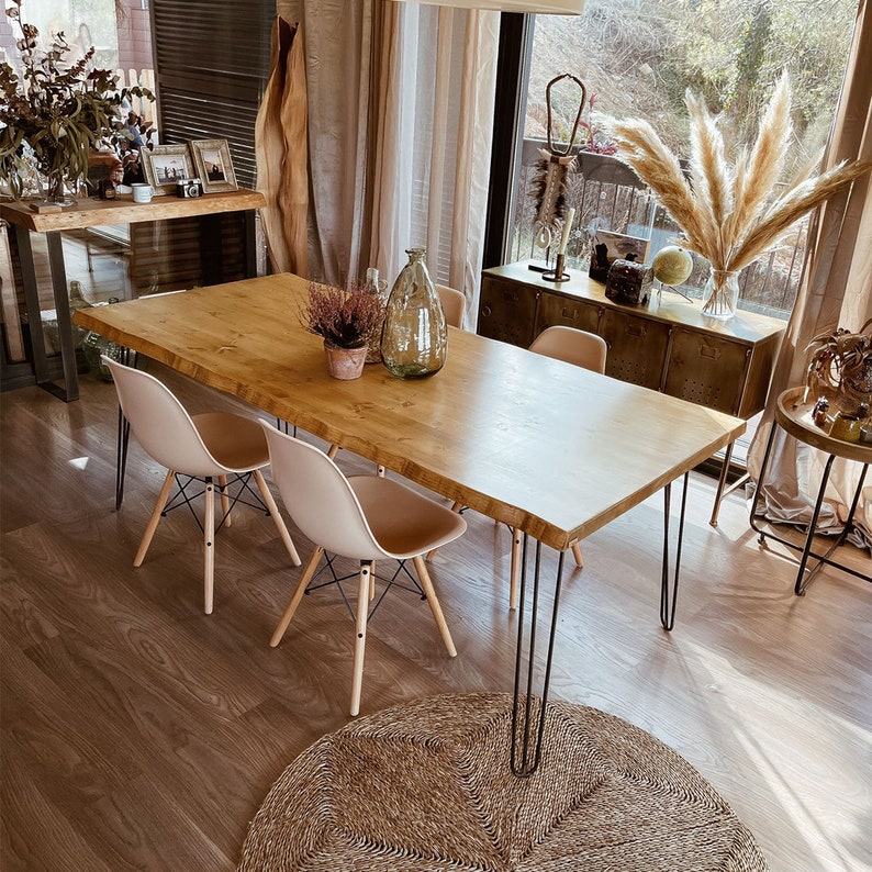 Table en bois, table à manger Tanaru Blenom, rectangulaire en bois naturel durable et pieds en épingle à cheveux en fer naturel, couleur noire. image 4