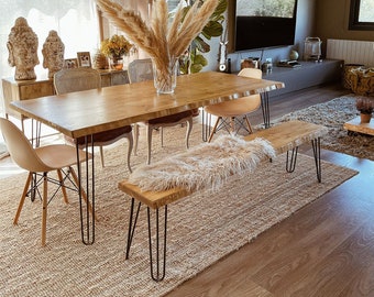 Table en bois massif, ensemble de table à manger naturelle Tanaru Blenom avec banc naturel, pieds en fer