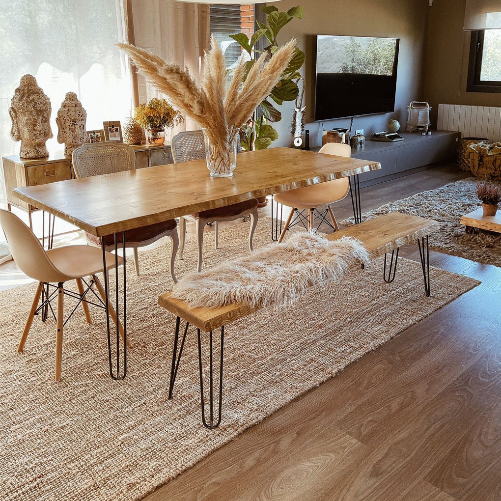 Table à Manger en Bois Naturel Massif avec Banc Naturel, Pieds Fer