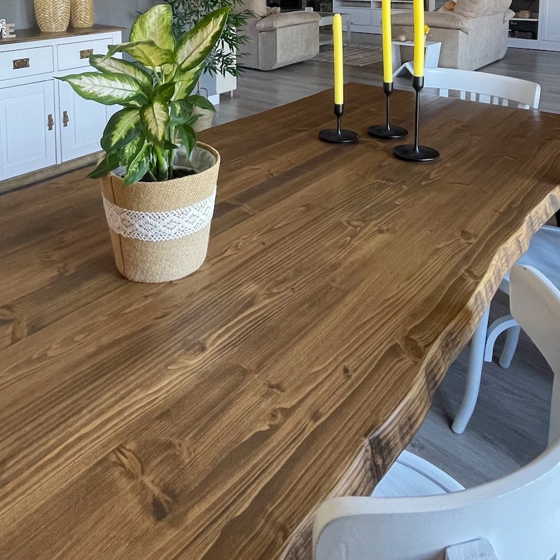 Table en bois, table à manger Iroke Blenom en bois naturel massif rustique avec différentes finitions, pieds en lame X en fer noir. image 7