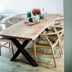 Wooden table, solid rustic Iroke Blenom dining table with different finishes, natural X iron legs. Rectangular table