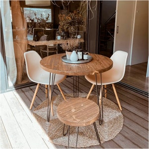 Cuzco Blenom round wooden table natural, solid rustic. Dining room, kitchen or living room table. Black Hairpin Legs. Sustainable.