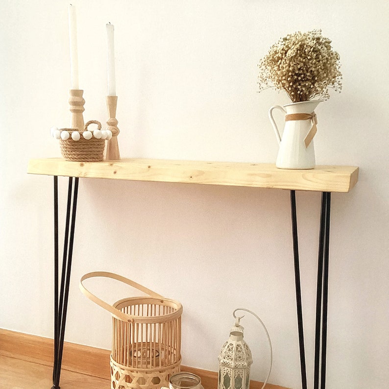 Hall d'entrée en bois Blenom Live edge avec finition rustique, console d'entrée, pieds en épingle à cheveux noirs, table d'entrée. Mod Aimana image 5