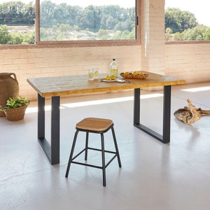 Wooden table, Ica Blenom natural solid rustic dining table with different finishes, square iron U legs. Rectangular table.