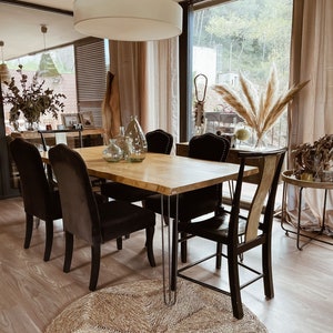 Table en bois, table à manger Tanaru Blenom, rectangulaire en bois naturel durable et pieds en épingle à cheveux en fer naturel, couleur noire. image 2