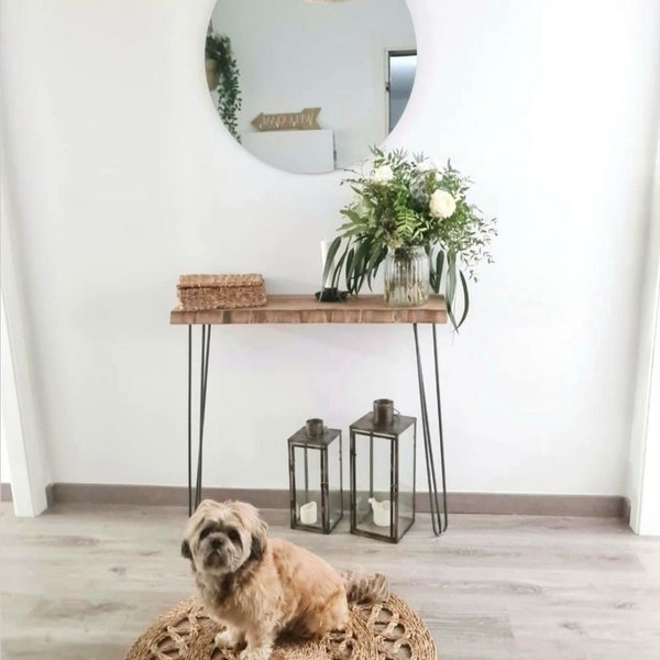 Hall d'entrée en bois naturel Blenom Living edge avec finition rustique, console d'entrée, pieds en épingle à cheveux, table de couloir. Modèle Aimana.