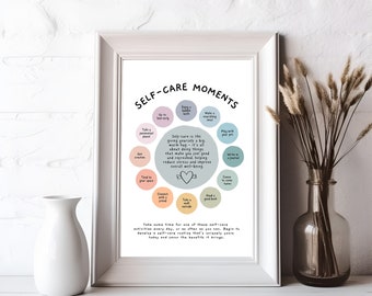 Póster de autocuidado, rueda educativa, bienestar, atención plena, motivación, salud mental, terapia, decoración de oficina, autocuidado.