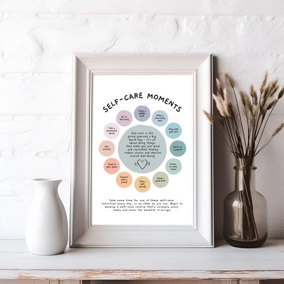 Self care ed wheel wellbeing poster mindfulness motivational mental health therapy office decor selfcare