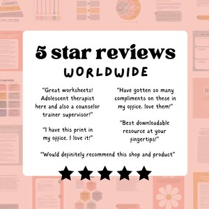 以下が含まれることがあります： ピンクの背景に、白い枠の中に黒い星が5つと「5 star reviews WORLDWIDE」というテキストがあります。枠内のテキストには、ワークシート、印刷可能なリソース、ショップと製品の推奨に関する顧客レビューが含まれています。