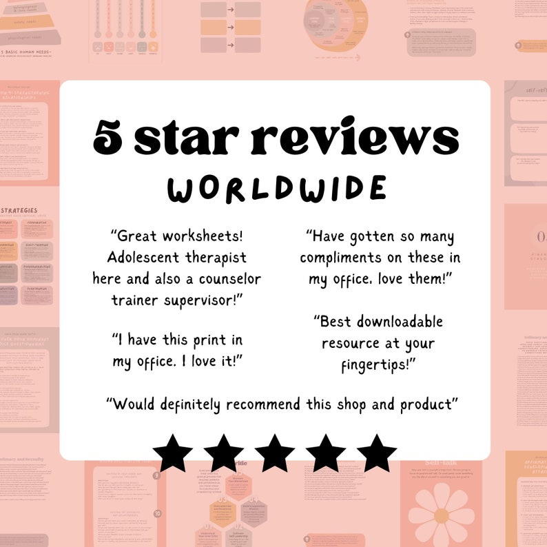 以下が含まれることがあります： ピンクの背景に、白い枠の中に黒い星が5つと「5 star reviews WORLDWIDE」というテキストがあります。枠内のテキストには、ワークシート、印刷可能なリソース、ショップと製品の推奨に関する顧客レビューが含まれています。