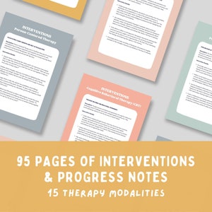 Puede incluir: Primer plano de un fondo amarillo con el texto "95 PAGES OF INTERVENTIONS & PROGRESS NOTES 15 THERAPY MODALITIES" en texto negro. El fondo es un collage de cuatro p&aacute;ginas de colores diferentes con el texto "INTERVENTIONS" y los nombres de diferentes modalidades de terapia.