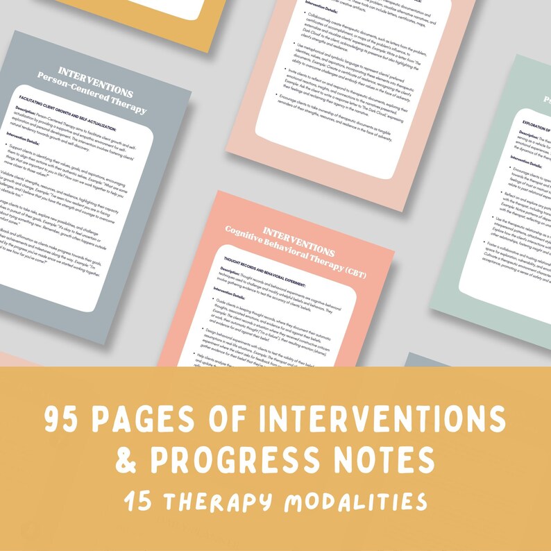 Puede incluir: Primer plano de un fondo amarillo con el texto "95 PAGES OF INTERVENTIONS & PROGRESS NOTES 15 THERAPY MODALITIES" en texto negro. El fondo es un collage de cuatro p&aacute;ginas de colores diferentes con el texto "INTERVENTIONS" y los nombres de diferentes modalidades de terapia.