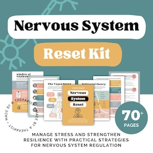 Op de afbeelding: Een digitale toolkit in teal en beige met de titel "Nervous System Reset Kit". De omslag toont "Nervous System" en "Reset Kit". De toolkit bevat pagina's met titels als "The Vagus Nerve" en "Polyvagal theory". Het bevat meer dan 70 pagina's.